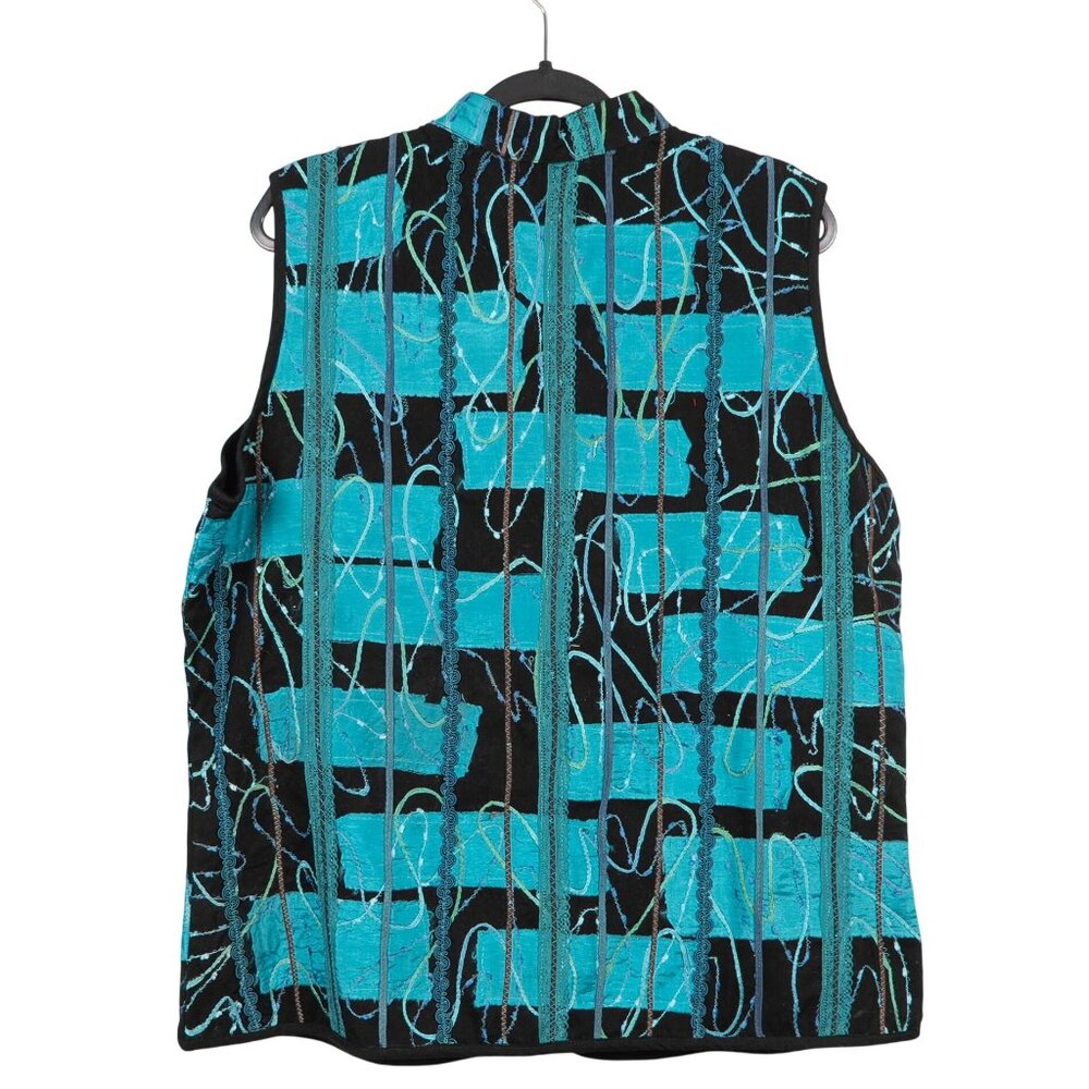 Abstract Crafty Vest XL Black Turquoise Scribbled Stitching Toggles Mandarin - Picture 6 of 6